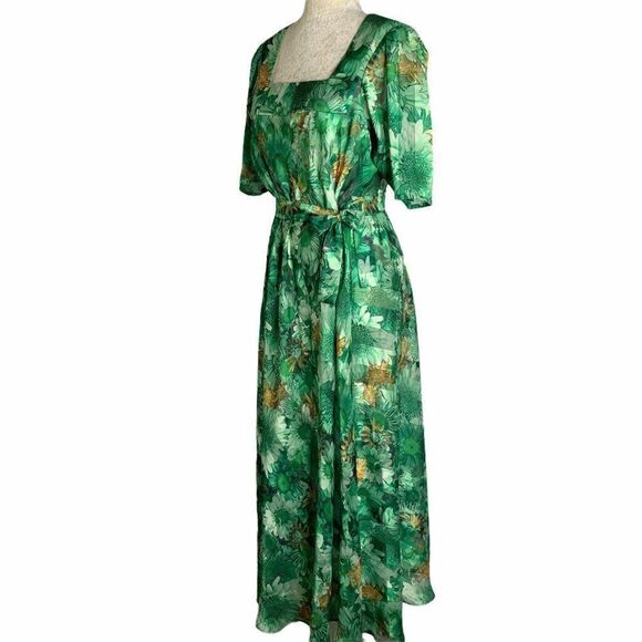 Vintage Floral Maxi Dress M Green Square Neck - Picture 6 of 8